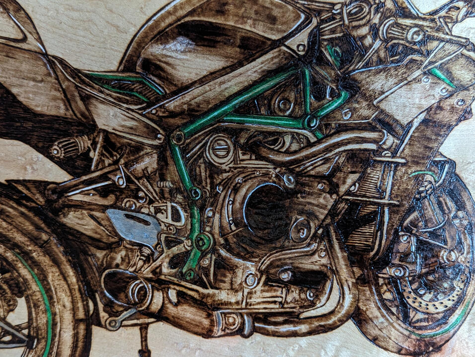 Motorcycle on Live Edge Curly Maple